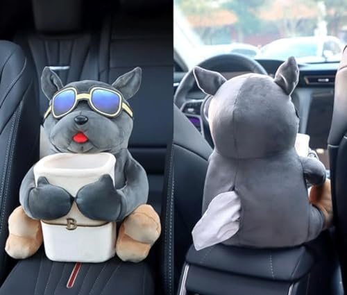Plush Dog Car Tissue Box, Tier-Taschentuchhalter für Auto, Auto Plüsch Taschentuchbox, Niedliche Cartoon-Taschentuchspender-Automülltonnen 2-In-1, Kreative Auto-Armlehnen-Aufbewahrungsbox (A)