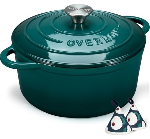 Overmont 26cm/5.2L Enamelled Cast Iron Round Casserole Pot With Lid Cookbook & Cotton Potholders - Non-stick Dutch Oven Cookware for Braising, Stews, Roasting, Bread Baking - Bottle green, 5.5QT