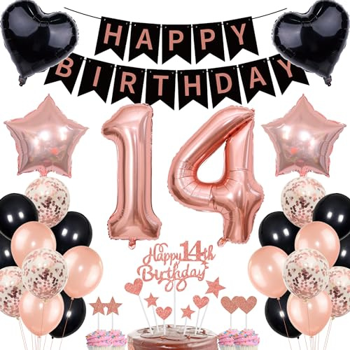 Kit de décoration de gâteau pour fille avec bannière, ballons, ballons - Or rose et noir - Cadeau pour 14e anniversaire