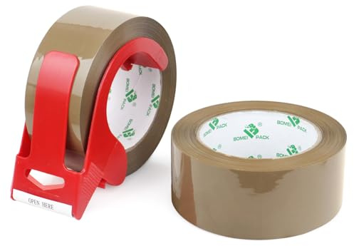 BOMEI PACK 2 Rolls No Bubble Brown Box Tape Sticky Parcel Secure Packing Tape with 1 Dispenser,Heavy Duty Moving boxes Sealing Tape,48 mic x 48 mm x 66m