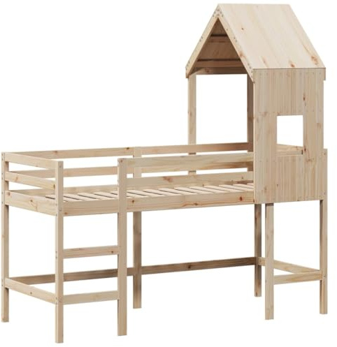 vidaXL Hochbett, Kinderbett mit Leiter Dach Sicherheitsgeländer, Spielbett für Kinderzimmer, Bett Holzbett Einzelbett, 90x200cm Massivholz Kiefer