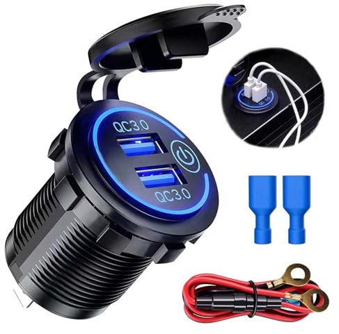 QC3.0 Presa USB per Auto Doppio USB con Interruttore Touch 12V / 24V 36W 2 Porte Quick Charge 3.0 Caricabatteria Presa USB Impermeabile LED Indicazione, con interruttore, presa accendisigari, Moto,blu
