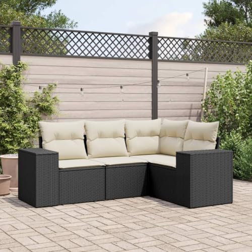 THOYTOUI 4-TLG. Garten-Sofagarnitur, Gartenlounge Outdoor Gartengarnitur Set Terrassen möbel Set Gartenlounge Set Geeignet für Veranda Balkon Terrasse Garten mit Kissen Schwarz Poly Rattan