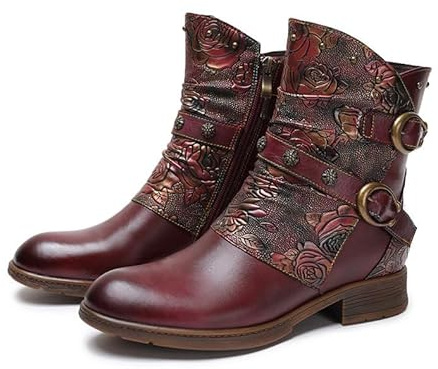 CrazycatZ Womens Ankle Bootie Leather Floral Splicing Pattern Fur Lined Boots
