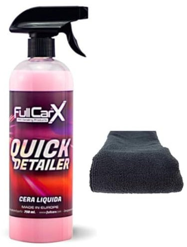AutoFullCar - Kit Encerado FullCarX - CERA LÍQUIDA Quick Detail 750ml. + Bayeta Microfibra 30x30 | Alto Brillo, Efecto Instantáneo, Coating Protector, Realza Color Pintura Carrocería | Limpieza Coche