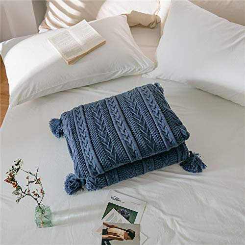 Grob gestrickte Quastendecke für Sofa, groß, dick, warm, Pom Überwurf, Decke, Winter, Wolle, Strickdecke, Marineblau, 150 x 200 cm