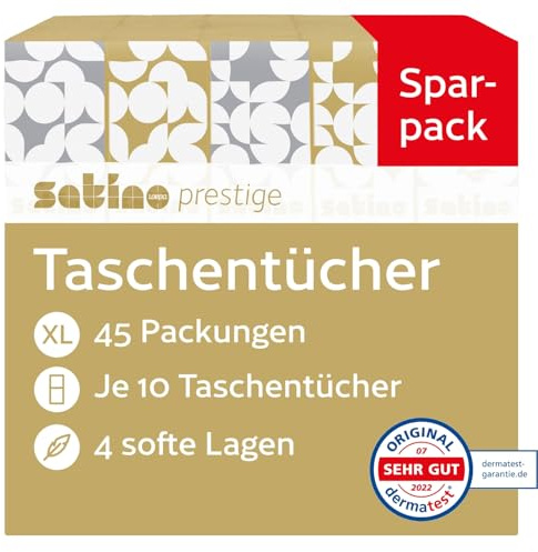 Satino Taschentücher 4-lagig – 45 Stück – 10 Tücher pro Packung - supersoft & dermatologisch getestet - perfekt bei Schnupfen und Erkältung – Papiertaschentücher für den täglichen Gebrauch