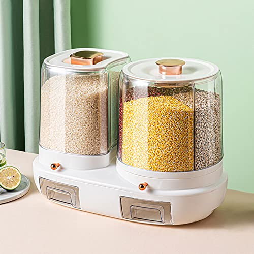 Rotating Cereal Dispenser with Multi Grid Storage Container for Rice and Grains Multifunctional Rice Bucket for Household Kitchen