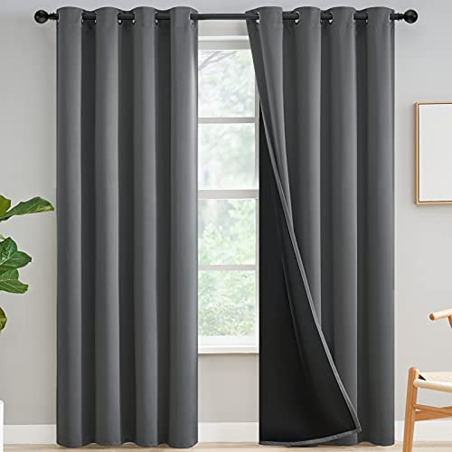 Yakamok 100% Blackout Curtains for Bedroom 84 Inch Length, Grey Full Light Blocking Drapes with Black Backing, Noise Reducing Thermal Insulated Grommet Panels for Living Room, 2 Panels, 52Wx84L,Gray