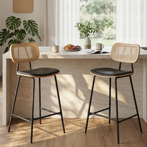 Ya-Home Set di 2 Sgabelli da Bar Sgabelli Cucina Retrò in Rattan Sgabelli Alti con Cuscino in Ecopelle Sedia da Bar con Gambe in Metallo per Cucina Bancone,Nero
