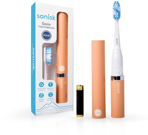 Sonisk Pulse | Spazzolino elettrico a batteria | Dimensioni da viaggio portatile con tecnologia sonica antimicrobica | 1 batteria, 2 testine per spazzolino da viaggio, 1 custodia da viaggio inclusa