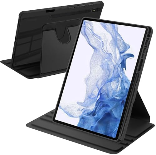 A-BEAUTY Funda para Samsung Galaxy Tab S7 FE/S8 Plus/S7+ 12,4 Negro | con S Pen Soporte, Soporte Giratorio de 360° Cubierta Trasera Transparente, Auto-Sueño/Estela