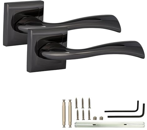 XFORT Solace Lever on Square Rose Door Handles, Internal Door Handle Sets for Interior Wooden Doors, Lever Latch Door Handle, Interior Door Handles for Home & Office – Polished Black Nickel