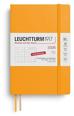 LEUCHTTURM1917 372611 Monatsplaner & Notizbuch Paperback (B6+) 2026, 16 Monate (01 November 2025-28. Februar 2027), Softcover, Rising Sun, Deutsch