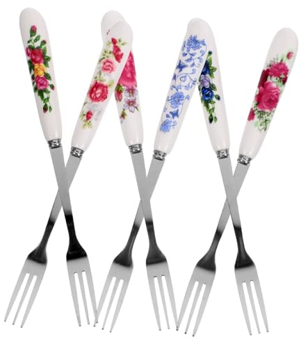 VICASKY 6Pcs Stainless Steel Dessert Forks with Ceramic Handles Fruit Forks for Appetizers Cake Pastry and Salad for Parties and Home Use