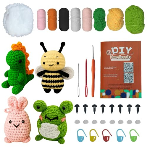 Häkelset Tiere, Häkelset für Anfänger, Häkelnadel Set mit Verteilten Video-Tutorials, Häkelgarn in 6 Farben, Sicherheitsaugen für Häkeltiere, Crochet Set Kinder, Dinosaurier Bienen Kaninchen Frösche