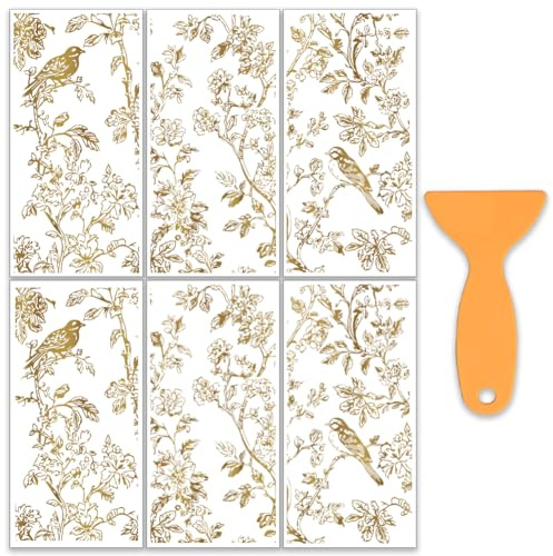 OLYCRAFT 6 Stück/Set Gelb Blumen Transferfolien Zum Aufreiben Für Möbel Und Bastelarbeiten 15x30cm Möbelaufkleber Mit Vögeln Und Pflanzen Transferaufkleber Zum Aufreiben Mit 1 Teiligem Schaber