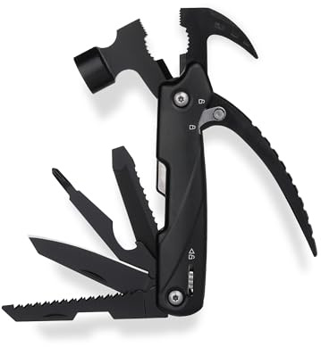 FORA Outil Multifonction 12 en 1-1 Marteau, 1 Arrache-clou, 3 Pinces, 1 Couteau, Lame, 1 Lime, 1 Ouvre-boîtes, Tournevis avec 9 Embouts, Multiusage pour Jardin, Camping et Survie