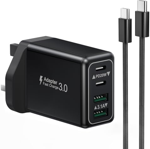 USB C Plug UK with 2M 60W USB C Cable Fast Charger for iPhone 17 16 15 Pro Max Plus, Samsung, Fast Charger Plug, Dual USBC Power Adapter+QC Multiport Wall Charging Plug iPhone Charger Fast Charge