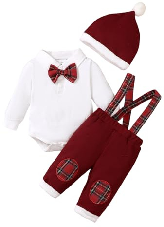 Carolilly – Traje de caballero de Navidad para bebé de 3 piezas – Body de manga larga con pajarita a cuadros + pantalones con tirantes y gorro a juego, rojo, 6-9 Meses
