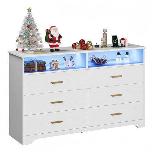 IRONCK Kommode Weiß, Komodenschrank mit LED-Lichtleiste und 2 Steckdosen, Schubladenschrank mit 6 Schubladen und 2 Fächer für Wohnzimmer, Schlafzimmer, Holz, 40 x 150 x 94.7 cm