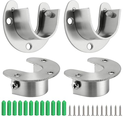 4PCS Wardrobe Rail Brackets, 22mm Curtain Rail Bracket with Screws | U Shaped Stainless Steel Pole Holder Heavy Duty Flange Rail Rod End Supports Sockets for Closet, Clothes Rail, Shower Curtain