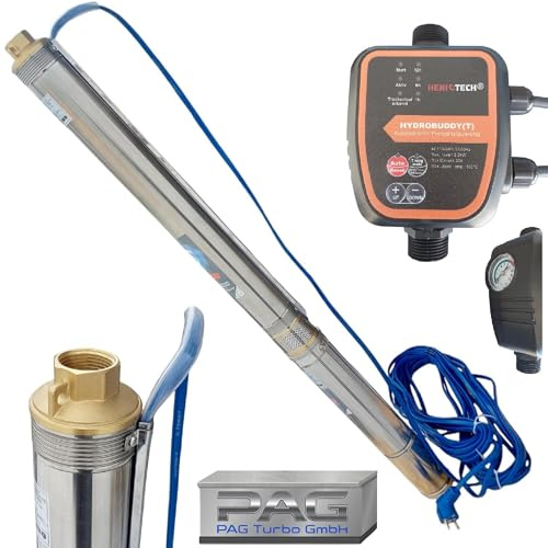 PAG Turbo GmbH® - Hochwertige energiesperende 3 Edelstahl Tiefbrunnenpumpe 3000l/h - 6,0 bar sandverträglich bis 5% Typ 3Ti15 + Intelligente Pumpensteuerung Hydrobuddy (T)