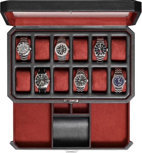 ROTHWELL 12 Slot Leather Watch Box with Valet Drawer - 12 Slot Luxury Watch Case Organizer, Microsuede Liner, Mens Accessories Holder, Jewelry Case, Jewelry Display Organizer - Black/Red - Classic