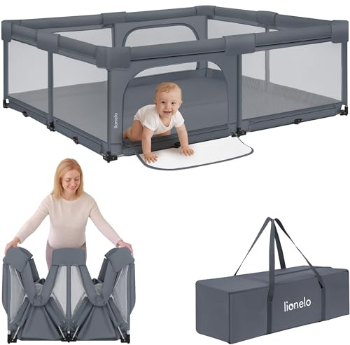LIONELO Florence Easy Fold XL Stor Hopfällbar Lekhage för Baby (0–48 månader), 180×200 cm, 2 Sidodörrar med Dragkedja, Ventilerande Nätväggar, Stabil Konstruktion, Inkluderar Bärväska, Grå