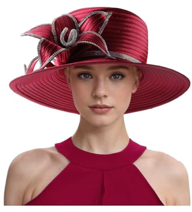 EWUHYFP Hochzeitshut Blume Satin Tuch Strass Kirche Hut Fotografie Zylinder Weibliche Bankett Fascinator Hochzeit Formale Frauen Damen(Wine Red)