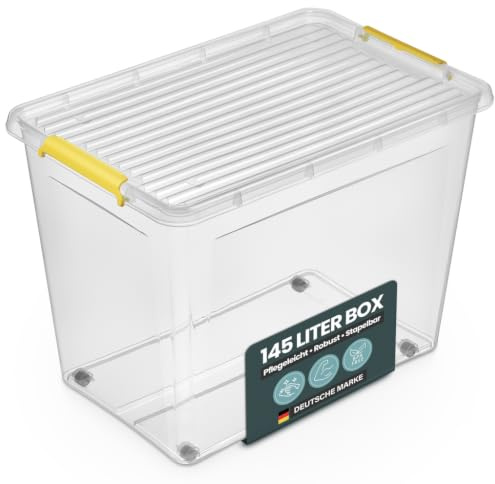Kreher Aufbewahrungsbox mit Deckel transparent - stapelbare Kunststoffbox mit Rollen & Clips - robuste Ordnungsbox nestbar - Universalbox zur Aufbewahrung - 30L bis 145L XXL (1, 145 Liter)