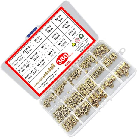 380Pcs Brass Knurled Nut 2/2.5/3/4/5/6mm Threaded Inserts Metric Knurled Nut Assortment Kits for 3D Printing Brass Female Thread Inserts Easy Installation