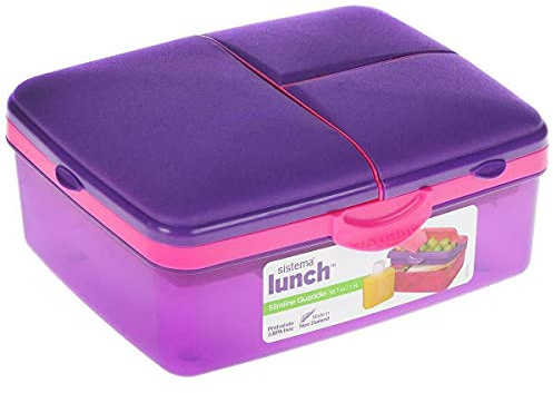 Sistema Lunch Slimline Quaddie Lunch Box with Water Bottle | 1.5 L Air-Tight and Stackable Food Storage Container | Assorted Colours