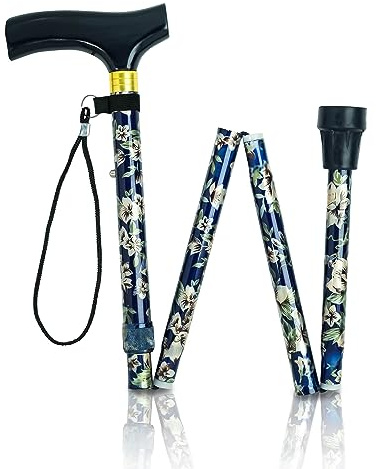 Flower Folding Walking Stick Height Adjustable with FREE wrist strap (pale blue/white)