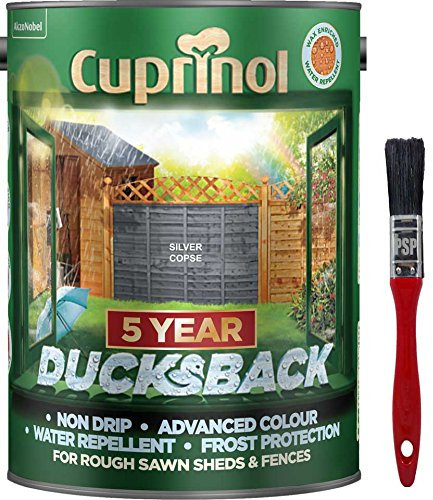 New 2018 Cuprinol Ducksback Shed & Fence Paint 5 Litre Silver Copse. Non Drip, Water Repellent and Frost Defence. Protection for 5 Years. Includes PSP Touch up Brush.