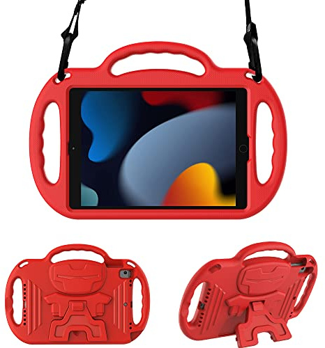 Surom Case for iPad 9th 8th 7th Gen 2021/2020/2019 10.2 Inch, Red | Light Weight Shock Proof Kids Tablet Case, Adjustable Shoulder Strap, Protable Handle, Sturdy Stand, iPad Air 3 10.5 2019