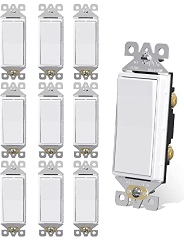 AIDA Light Switch Single Pole Light Switch Square Rocker Switch Decorator Switches White, 15 Amp Self-grounding Electrical Light Switches, Residential Grade, UL Listed (10 Pack, Glossy White)
