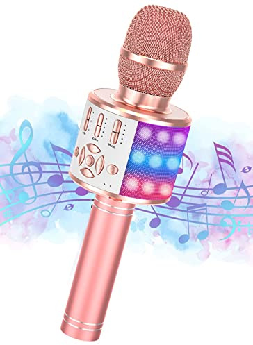 Magic Sing LED Karaoke Mikrofon Kinder, Drahtloses Bluetooth Spielzeug ab 3-12 Jahre Geschenk Mädchen KTV Lautsprecher mit Stimmenverzerrer, Heim KTV Karaoke Maschine für Android, iOS, PC(KP06-Rosé)