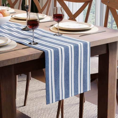 Encasa XO Runner da Tavola in Cotone | Dimensione 32x230 cm | Franca Strisce Blu - Lavabile in Lavatrice e Durevole