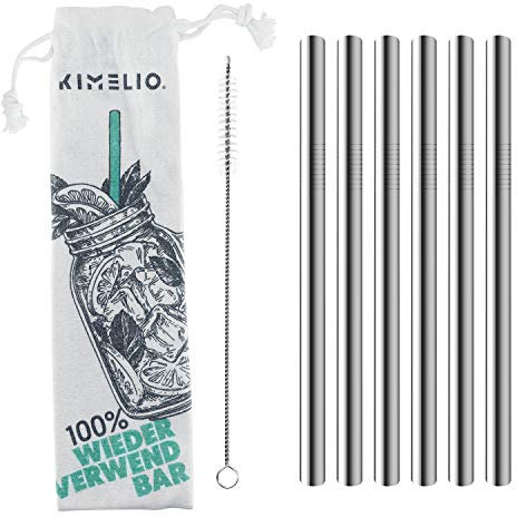 KIMELIO 304 Bubble Tea Strohhalme [6 Dicke Trinkhalme Wiederverwendbar + Reinigungsbürste & Baumwollbag] Strohhalme Edelstahl, Trinkhalme Edelstahl, Umweltfreundlich, BPA frei, Silber