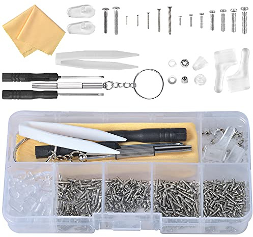 Mikihat Reparationssats för glasögon med 500 skruvar, näsdynor för glasögon, pincett och rengöringsduk för glasögon solglasögon glasögon och glasögon klockreparation