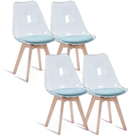 GrandCA HOME 4er Set Esszimmerstühle mit Sitzkissen aus Samt, durchsichtige Beistellstühle für Küche, Esszimmer, Schlafzimmer (Grün/Samt)