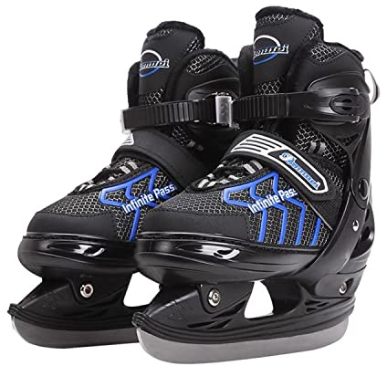 JGMLZK Ice Skates，Boys Hockey Skates,Skates with Adjustable 4 Sizes for Boys Girls Youth Men Women and Beginners (Black Blue, S (11-1) Kid‘s)