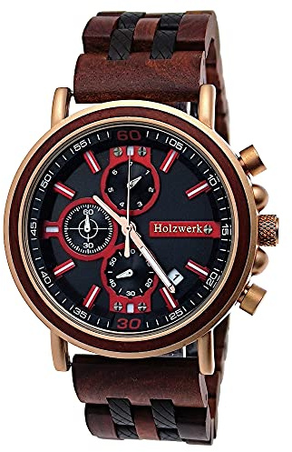 Holzwerk Germany Handgefertigte Designer Herren-Uhr Öko Natur Holz-Uhr Chronograph Armband-Uhr Analog Quarz-Uhr Braun Rose Gold Datum Holz Ziffernblatt