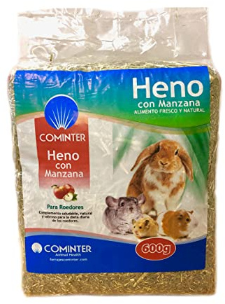 Cominter Animal Health Fieno con mela naturale Timothy per conigli, EOS, criceti, porcellini d'India e roditori (600 g). Cibo per conigli con fibra per l'usura dentale del roditore.