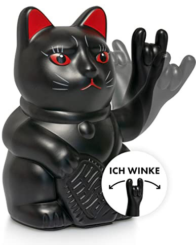 ANGRY CAT - Winkekatze Lucky CAT - rockige, winkende - Rock- japanische Winkkatze rockt - Dekoartikel Wackelfigur - Winke-Arm mit Heavy-Metal-Zeichen - 15cm, SCHWARZ-MATT