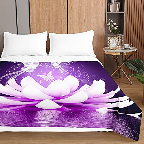 Oduo 3D Tagesdecke Steppdecke Bettüberwurf Bettdecke Stepp Decke Sofaüberwurf Doppelbett Unterfüttert und Gesteppt Waschbare Klimaanlage Wohndecke Reisedecke (230x260cm,Lila Lotus)