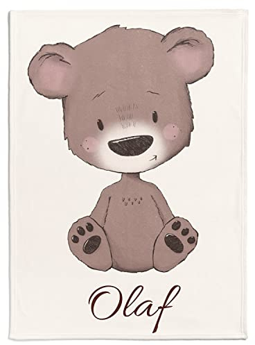 Personalisierte Babydecke mit Wunschtier, Name, Geburtsdatum und Motivfarbe (Braunbär)