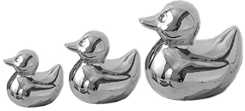 TQUPT Silver Ceramic Duck Figurines，Home Decor Animal Sculptures and Statues Handmade Artware Decor,Mini Duck Sets 3 PCS