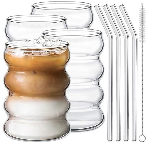 Ework4U 4-teiliges Trinkglas-Set mit Glasstrohhalm, 425 ml Glaswaren-Set, Cocktailgläser, Eiskaffeegläser, Biergläser, ideal für Wasser, Limonade, Tee, Geschenk mit Reinigungsbürsten